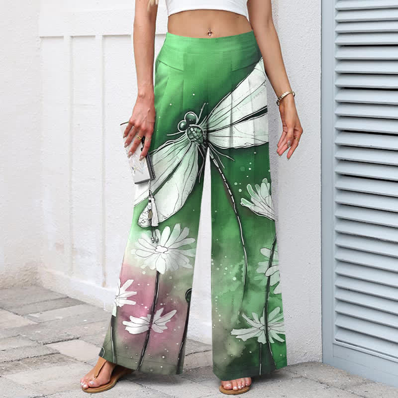 Nimara Ritual Cotton Linen Dragonfly Daisy Pattern Women's Elastic Waist Wide Leg Pants With Pockets