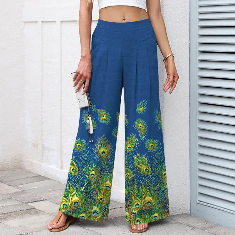 Nimara Ritual Cotton Linen Peacock Feather Pattern Women's Elastic Waist Wide Leg Pants With Pockets