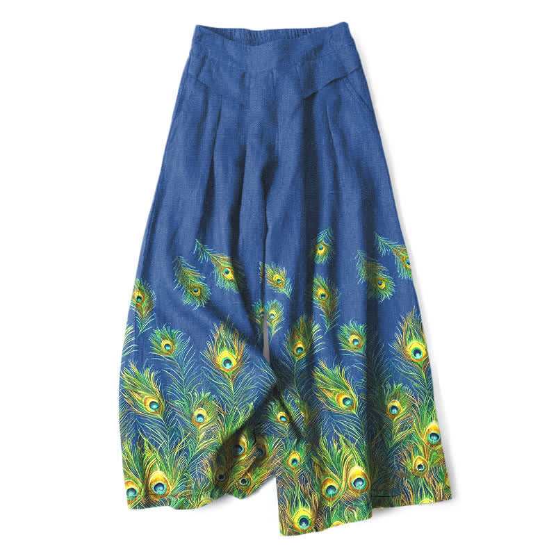 Nimara Ritual Cotton Linen Peacock Feather Pattern Women's Elastic Waist Wide Leg Pants With Pockets