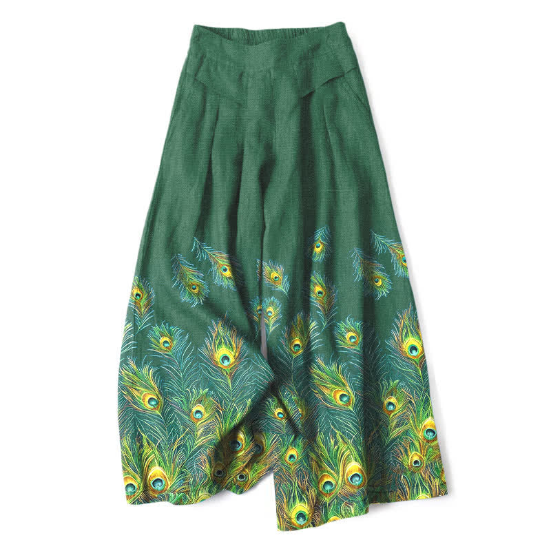 Nimara Ritual Cotton Linen Peacock Feather Pattern Women's Elastic Waist Wide Leg Pants With Pockets