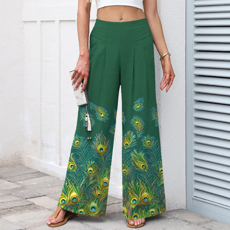 Nimara Ritual Cotton Linen Peacock Feather Pattern Women's Elastic Waist Wide Leg Pants With Pockets