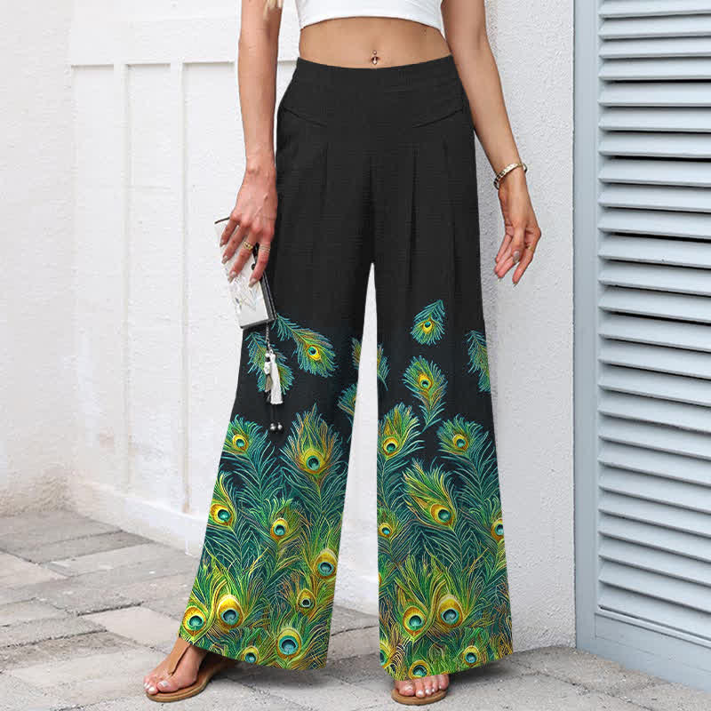 Nimara Ritual Cotton Linen Peacock Feather Pattern Women's Elastic Waist Wide Leg Pants With Pockets