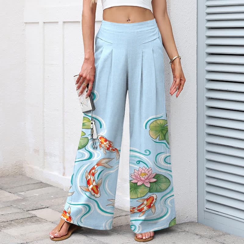 Nimara Ritual Cotton Linen Koi Fish Pink Lotus Pond Pattern Women's Elastic Waist Wide Leg Pants With Pockets