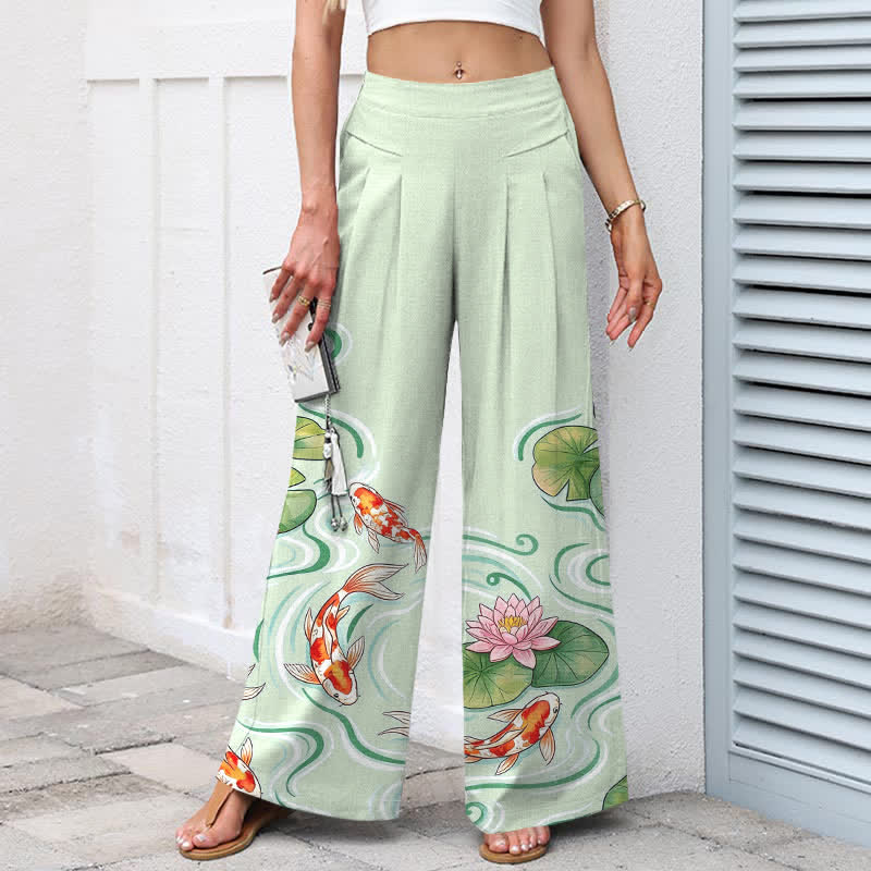 Nimara Ritual Cotton Linen Koi Fish Pink Lotus Pond Pattern Women's Elastic Waist Wide Leg Pants With Pockets