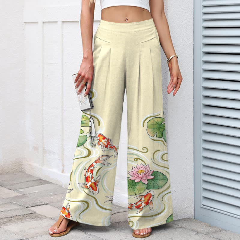 Nimara Ritual Cotton Linen Koi Fish Pink Lotus Pond Pattern Women's Elastic Waist Wide Leg Pants With Pockets