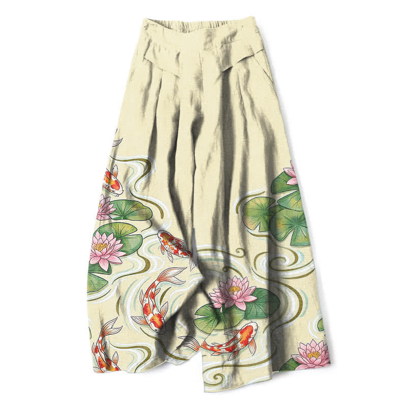 Nimara Ritual Cotton Linen Koi Fish Pink Lotus Pond Pattern Women's Elastic Waist Wide Leg Pants With Pockets