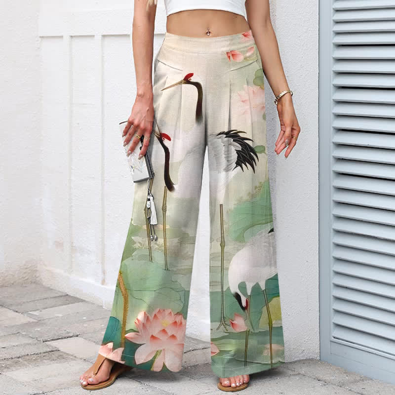 Nimara Ritual Cotton Linen Crane Lotus Pattern Women's Elastic Waist Wide Leg Pants With Pockets