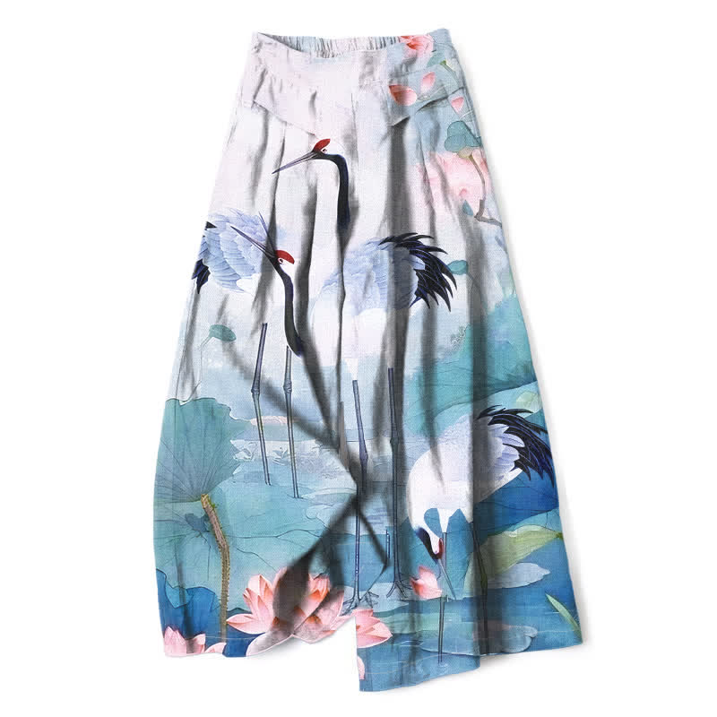 Nimara Ritual Cotton Linen Crane Lotus Pattern Women's Elastic Waist Wide Leg Pants With Pockets
