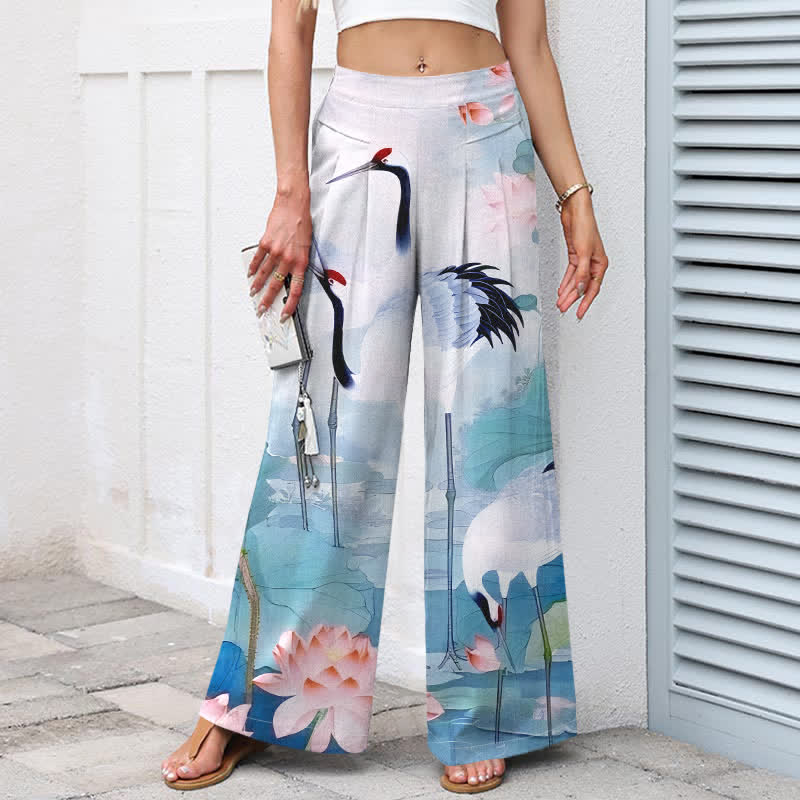 Nimara Ritual Cotton Linen Crane Lotus Pattern Women's Elastic Waist Wide Leg Pants With Pockets