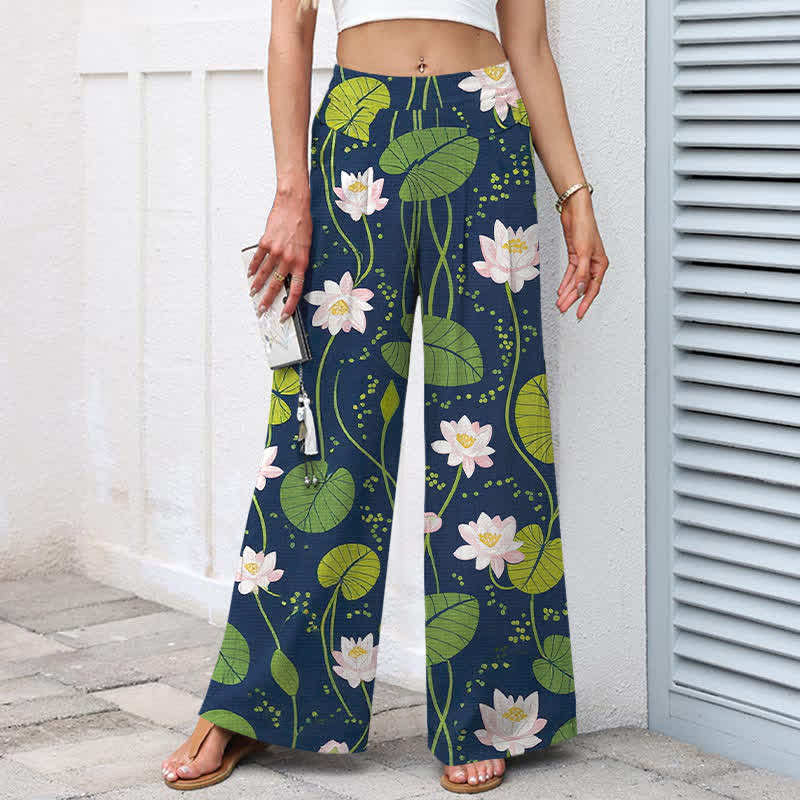 Nimara Ritual Cotton Linen Lotus Green Leaf Pattern Women's Elastic Waist Wide Leg Pants With Pockets
