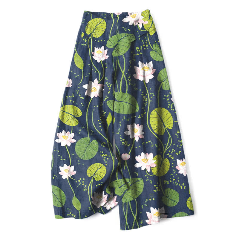 Nimara Ritual Cotton Linen Lotus Green Leaf Pattern Women's Elastic Waist Wide Leg Pants With Pockets