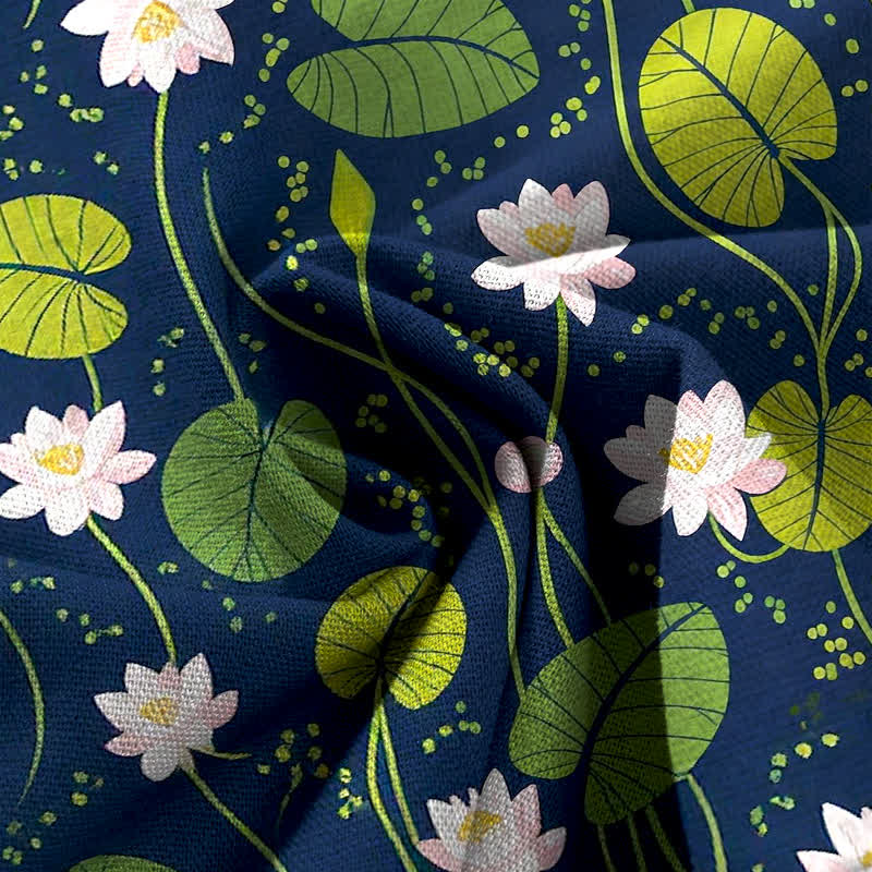 Nimara Ritual Cotton Linen Lotus Green Leaf Pattern Women's Elastic Waist Wide Leg Pants With Pockets