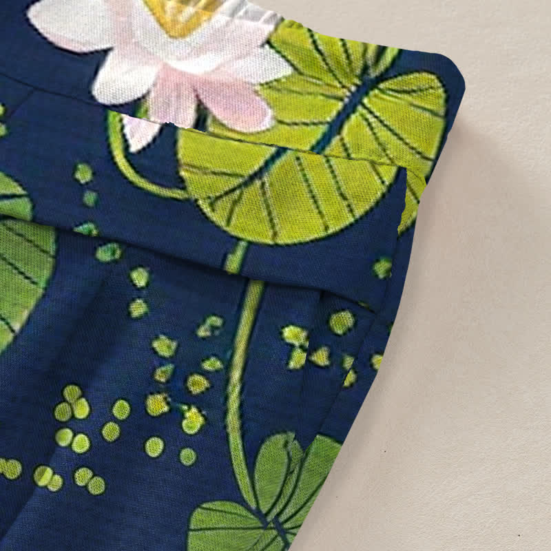 Nimara Ritual Cotton Linen Lotus Green Leaf Pattern Women's Elastic Waist Wide Leg Pants With Pockets