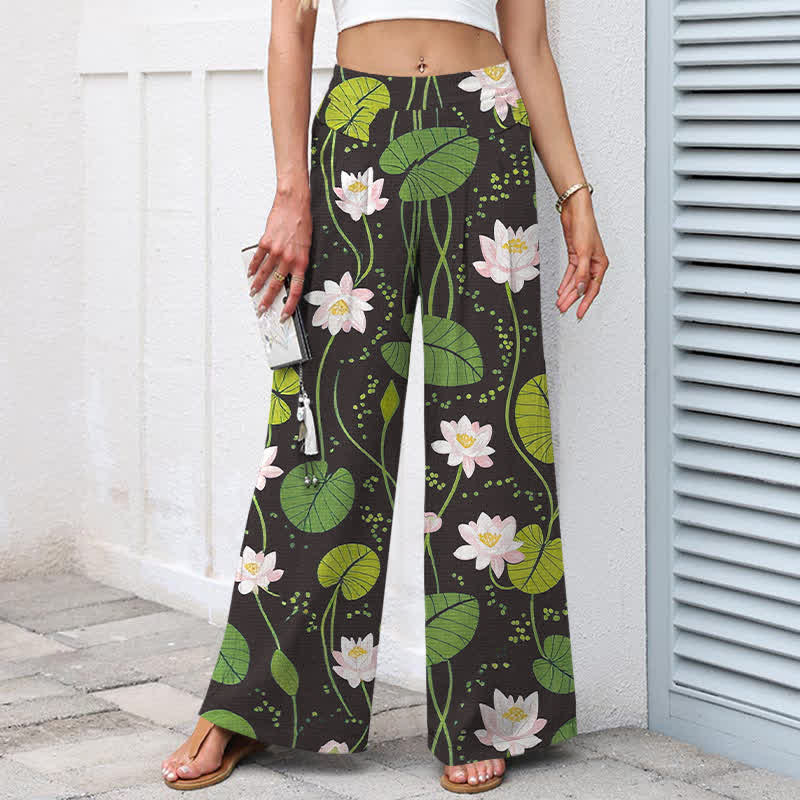 Nimara Ritual Cotton Linen Lotus Green Leaf Pattern Women's Elastic Waist Wide Leg Pants With Pockets