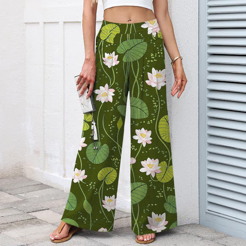 Nimara Ritual Cotton Linen Lotus Green Leaf Pattern Women's Elastic Waist Wide Leg Pants With Pockets