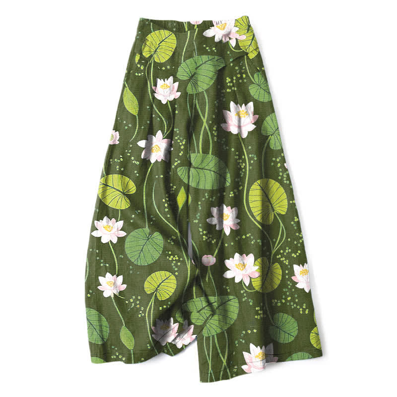 Nimara Ritual Cotton Linen Lotus Green Leaf Pattern Women's Elastic Waist Wide Leg Pants With Pockets