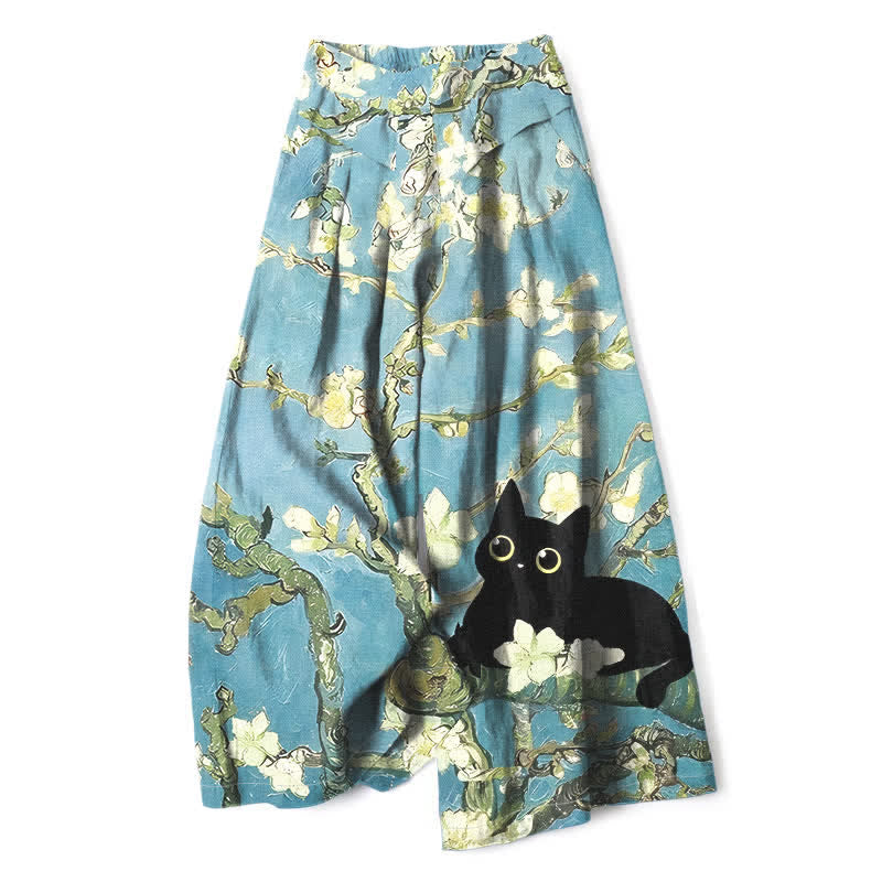 Nimara Ritual Cotton Linen Blue Floral Cat Pattern Women's Elastic Waist Wide Leg Pants With Pockets