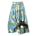 Nimara Ritual Cotton Linen Blue Floral Cat Pattern Women's Elastic Waist Wide Leg Pants With Pockets