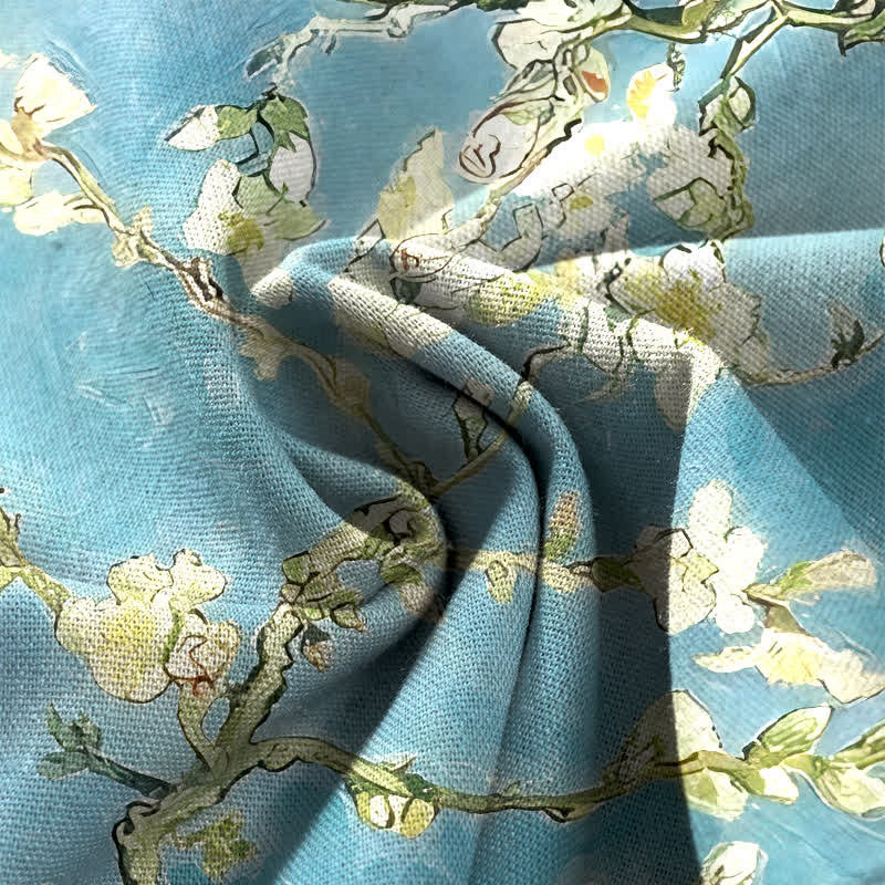 Nimara Ritual Cotton Linen Blue Floral Cat Pattern Women's Elastic Waist Wide Leg Pants With Pockets