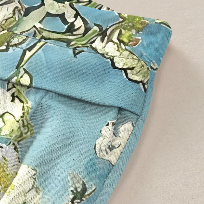 Nimara Ritual Cotton Linen Blue Floral Cat Pattern Women's Elastic Waist Wide Leg Pants With Pockets
