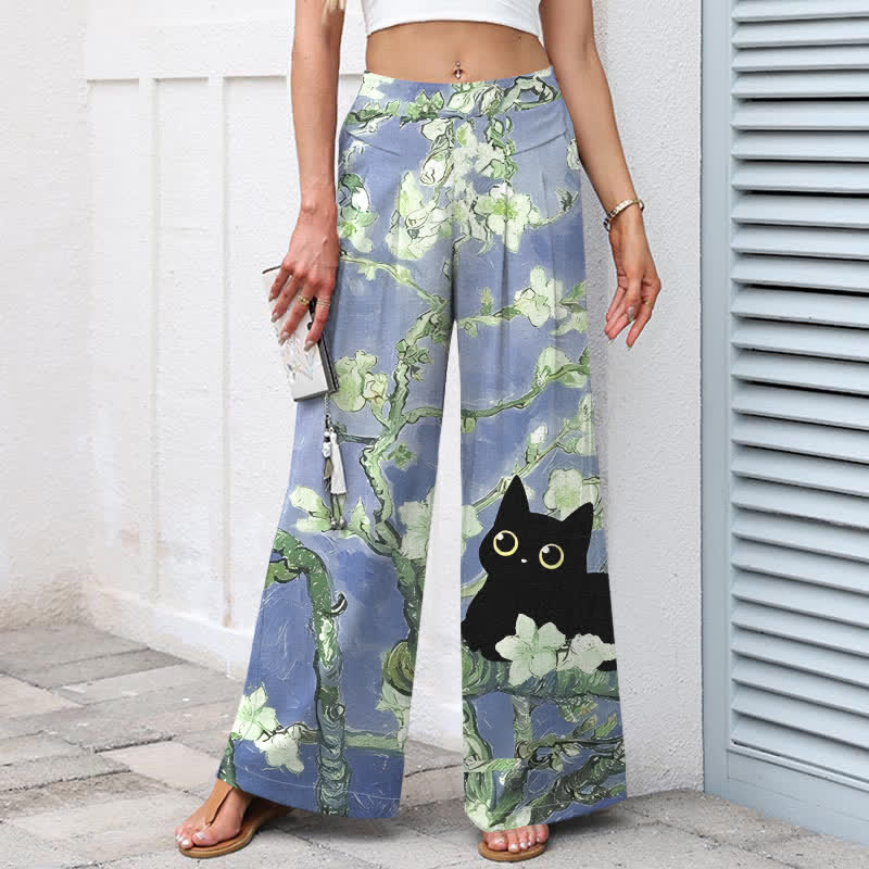 Nimara Ritual Cotton Linen Blue Floral Cat Pattern Women's Elastic Waist Wide Leg Pants With Pockets