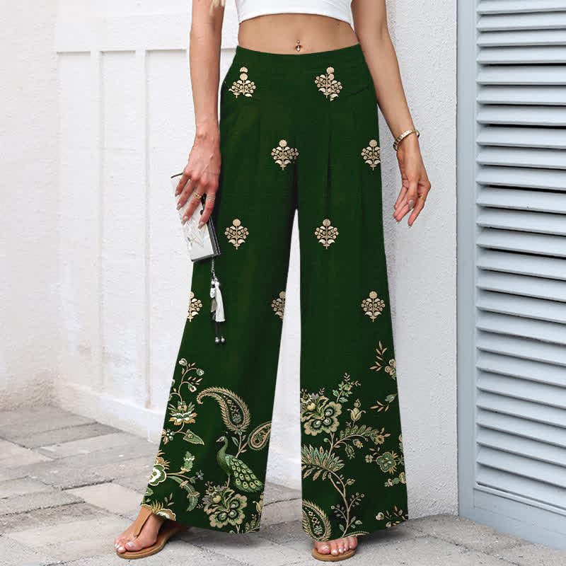 Nimara Ritual Cotton Linen Bohemian Floral Paisley Pattern Women's Elastic Waist Wide Leg Pants With Pockets