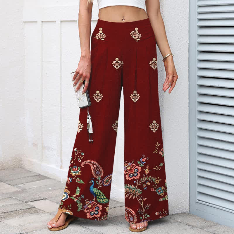 Nimara Ritual Cotton Linen Bohemian Floral Paisley Pattern Women's Elastic Waist Wide Leg Pants With Pockets