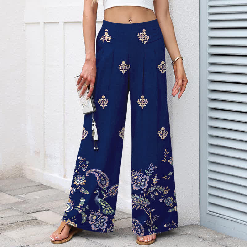 Nimara Ritual Cotton Linen Bohemian Floral Paisley Pattern Women's Elastic Waist Wide Leg Pants With Pockets
