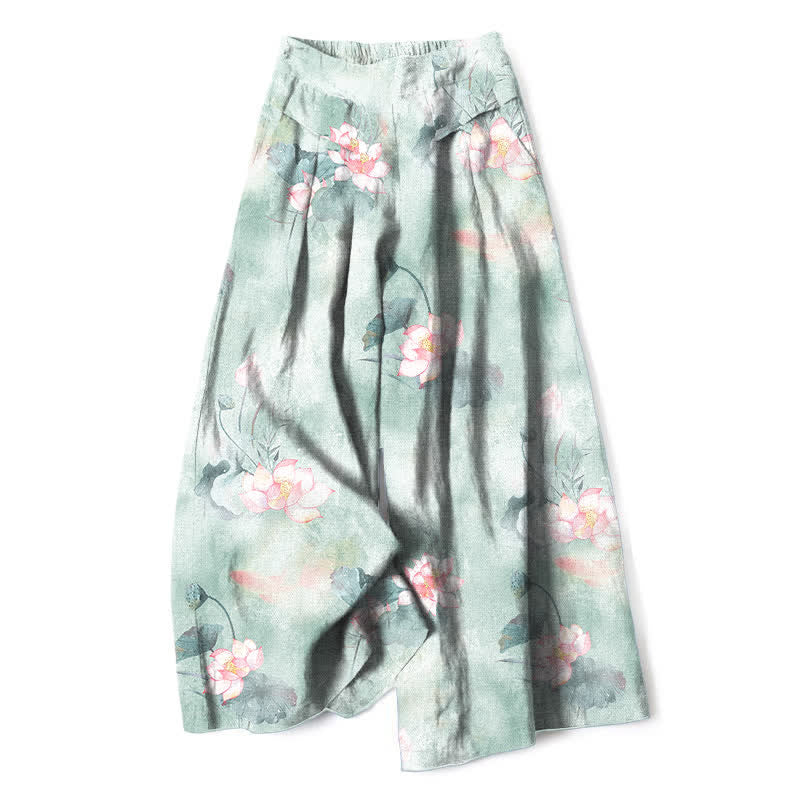 Nimara Ritual Cotton Linen Watercolor Lotus Leaves Floral Pattern Women's Elastic Waist Wide Leg Pants With Pockets