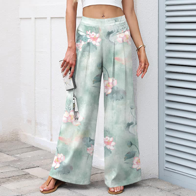 Nimara Ritual Cotton Linen Watercolor Lotus Leaves Floral Pattern Women's Elastic Waist Wide Leg Pants With Pockets