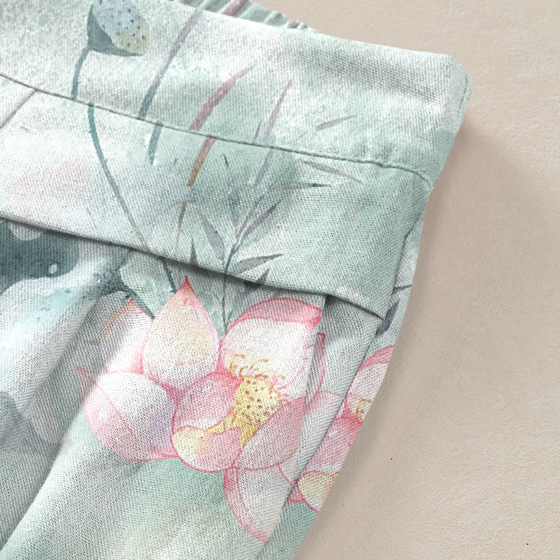 Nimara Ritual Cotton Linen Watercolor Lotus Leaves Floral Pattern Women's Elastic Waist Wide Leg Pants With Pockets