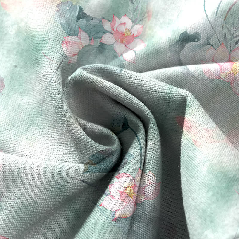Nimara Ritual Cotton Linen Watercolor Lotus Leaves Floral Pattern Women's Elastic Waist Wide Leg Pants With Pockets