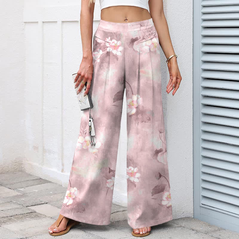 Nimara Ritual Cotton Linen Watercolor Lotus Leaves Floral Pattern Women's Elastic Waist Wide Leg Pants With Pockets