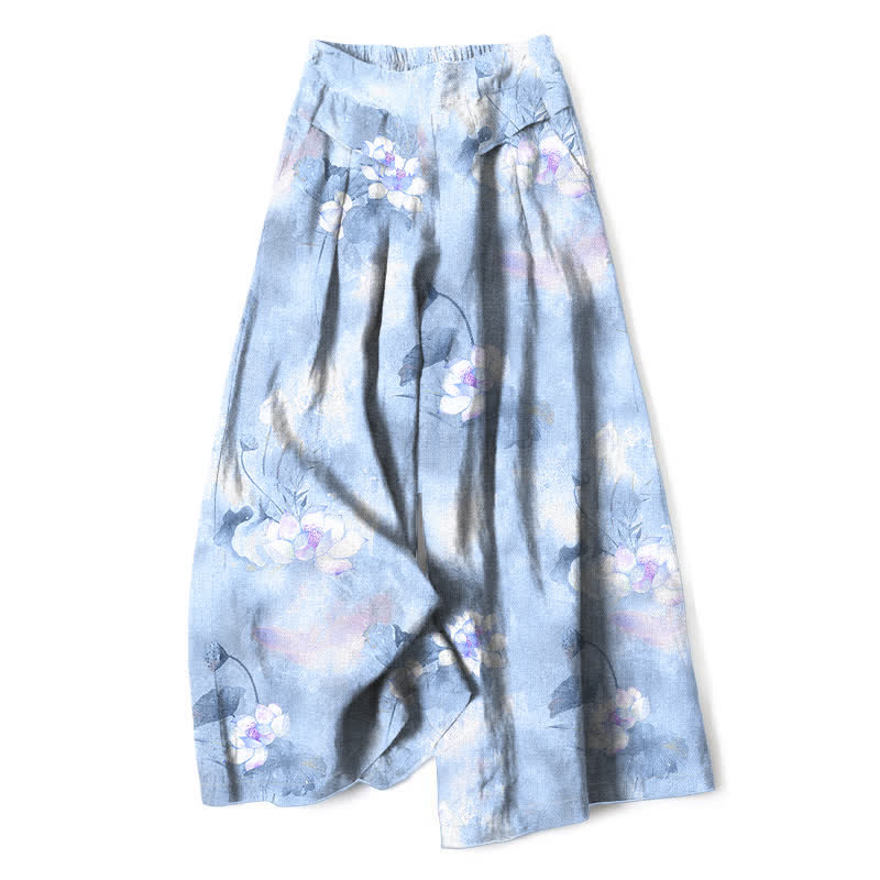Nimara Ritual Cotton Linen Watercolor Lotus Leaves Floral Pattern Women's Elastic Waist Wide Leg Pants With Pockets
