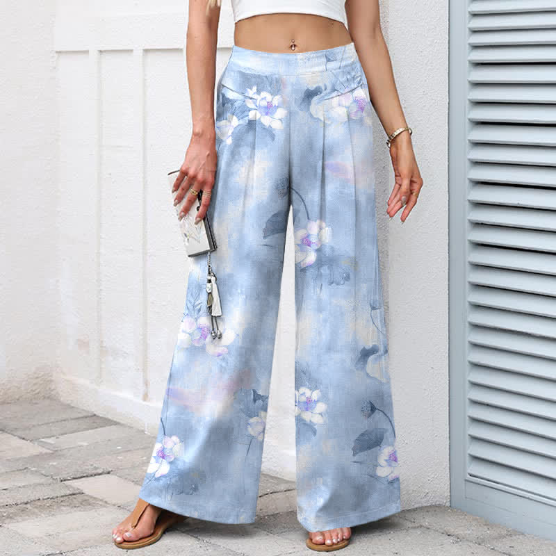 Nimara Ritual Cotton Linen Watercolor Lotus Leaves Floral Pattern Women's Elastic Waist Wide Leg Pants With Pockets