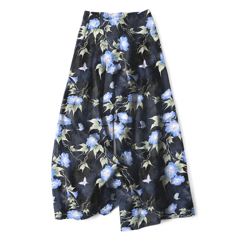 Nimara Ritual Cotton Linen Blue Floral Leaves Pattern Women's Elastic Waist Wide Leg Pants With Pockets
