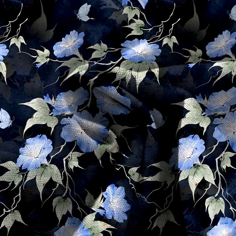 Nimara Ritual Cotton Linen Blue Floral Leaves Pattern Women's Elastic Waist Wide Leg Pants With Pockets