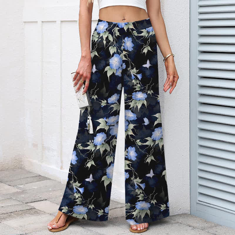 Nimara Ritual Cotton Linen Blue Floral Leaves Pattern Women's Elastic Waist Wide Leg Pants With Pockets