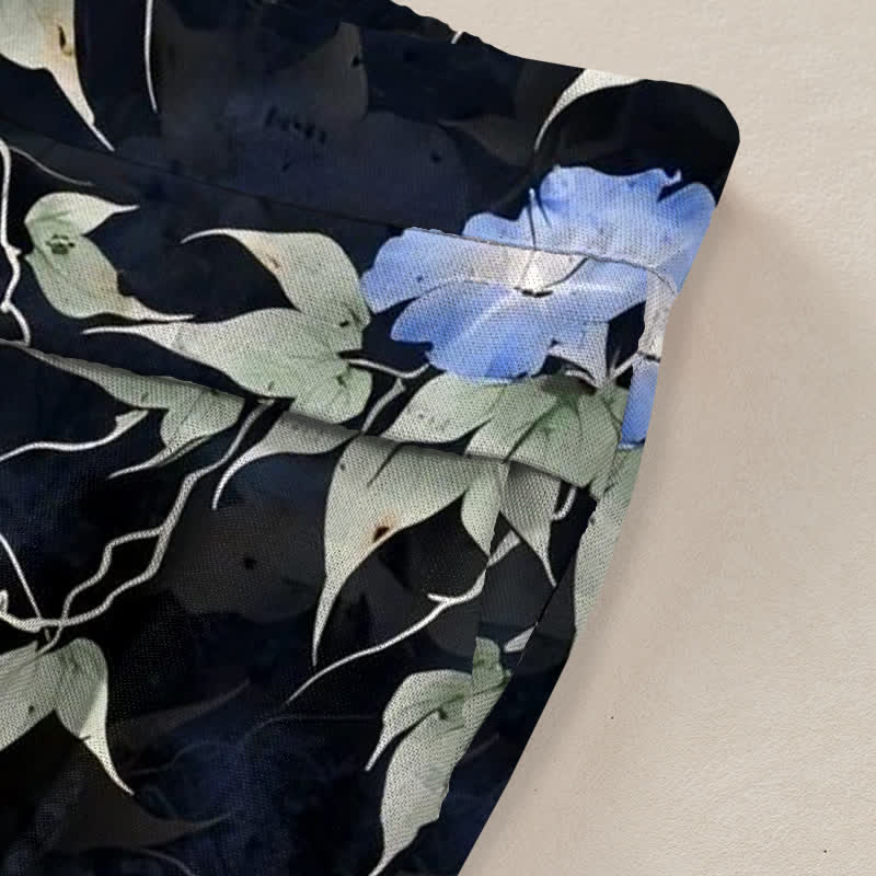 Nimara Ritual Cotton Linen Blue Floral Leaves Pattern Women's Elastic Waist Wide Leg Pants With Pockets