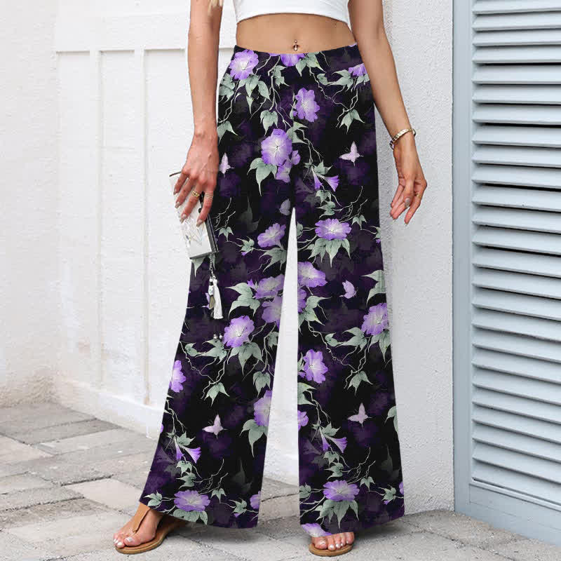 Nimara Ritual Cotton Linen Blue Floral Leaves Pattern Women's Elastic Waist Wide Leg Pants With Pockets