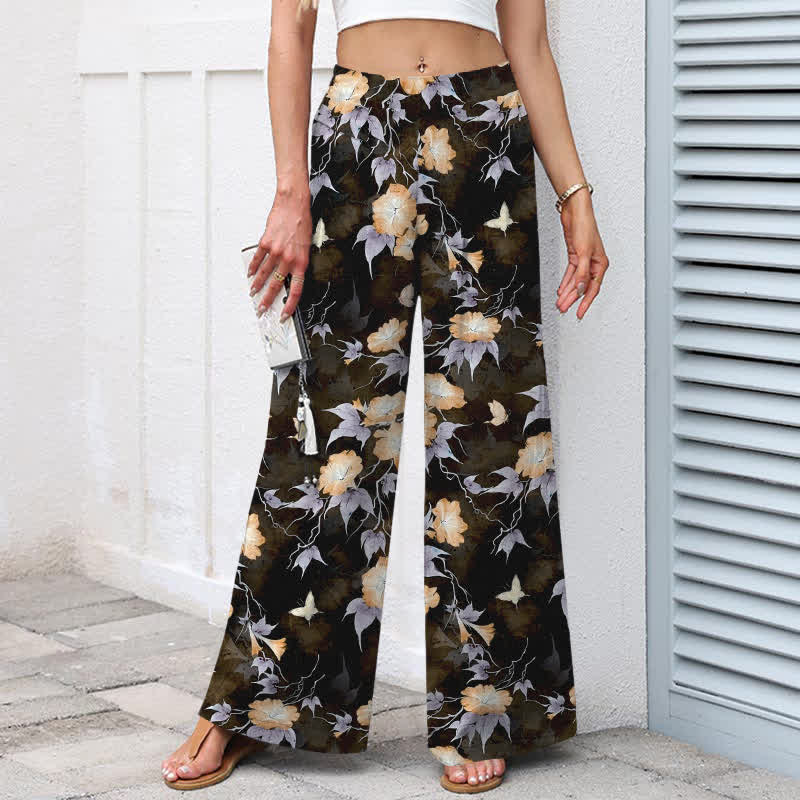 Nimara Ritual Cotton Linen Blue Floral Leaves Pattern Women's Elastic Waist Wide Leg Pants With Pockets