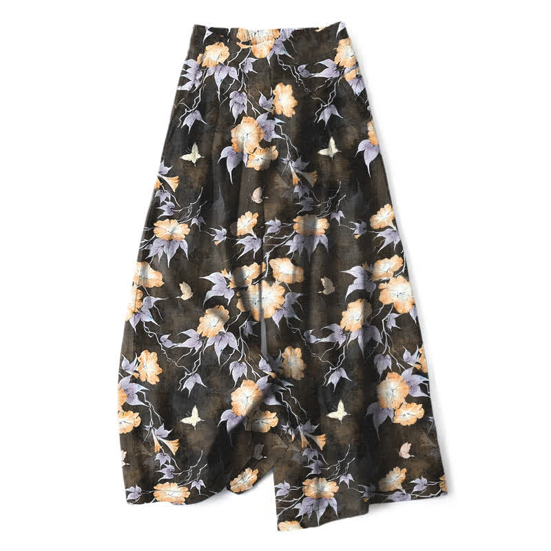 Nimara Ritual Cotton Linen Blue Floral Leaves Pattern Women's Elastic Waist Wide Leg Pants With Pockets
