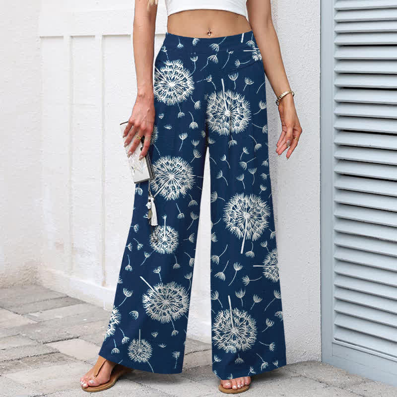 Nimara Ritual Cotton Linen White Dandelion Pattern Women's Elastic Waist Wide Leg Pants With Pockets