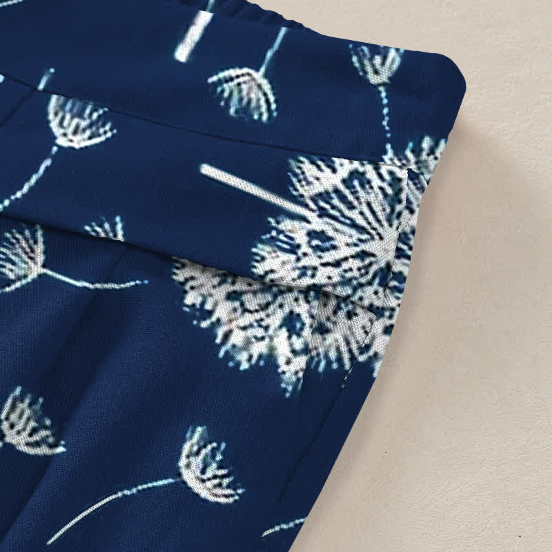 Nimara Ritual Cotton Linen White Dandelion Pattern Women's Elastic Waist Wide Leg Pants With Pockets