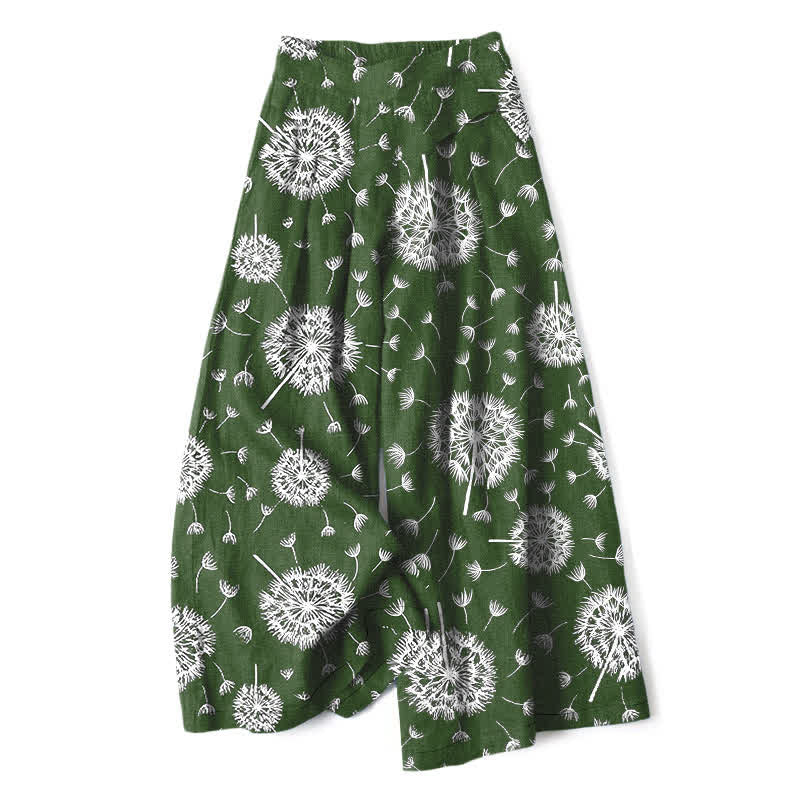 Nimara Ritual Cotton Linen White Dandelion Pattern Women's Elastic Waist Wide Leg Pants With Pockets