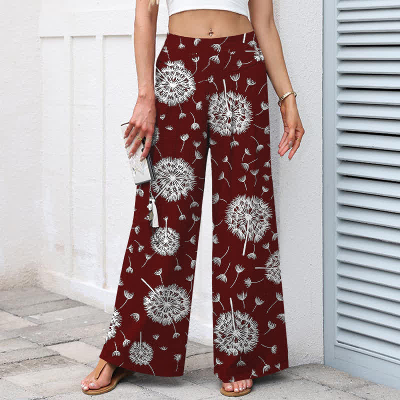 Nimara Ritual Cotton Linen White Dandelion Pattern Women's Elastic Waist Wide Leg Pants With Pockets