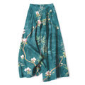 Nimara Ritual Cotton Linen Oriental Light Pink Floral Pattern Women's Elastic Waist Wide Leg Pants With Pockets