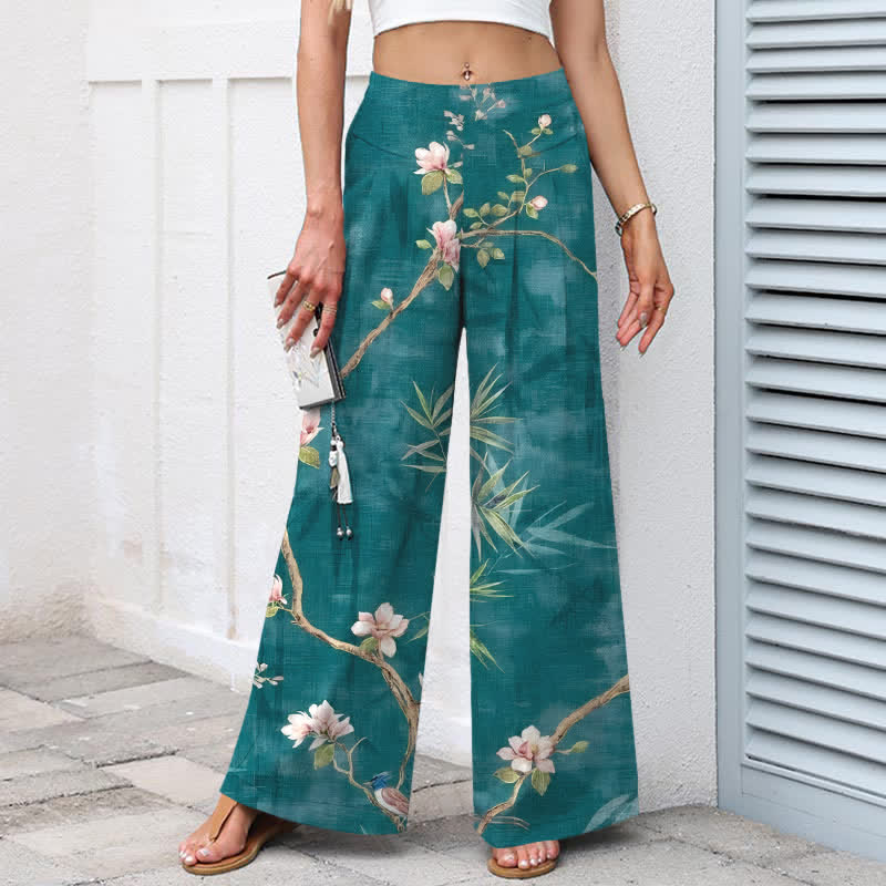 Nimara Ritual Cotton Linen Oriental Light Pink Floral Pattern Women's Elastic Waist Wide Leg Pants With Pockets