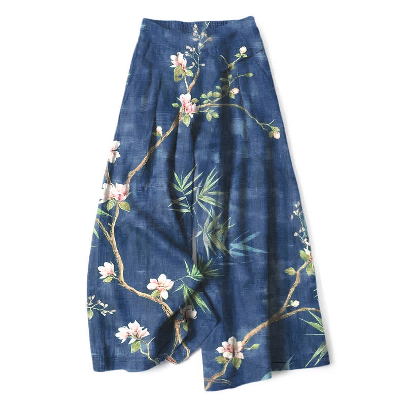 Nimara Ritual Cotton Linen Oriental Light Pink Floral Pattern Women's Elastic Waist Wide Leg Pants With Pockets