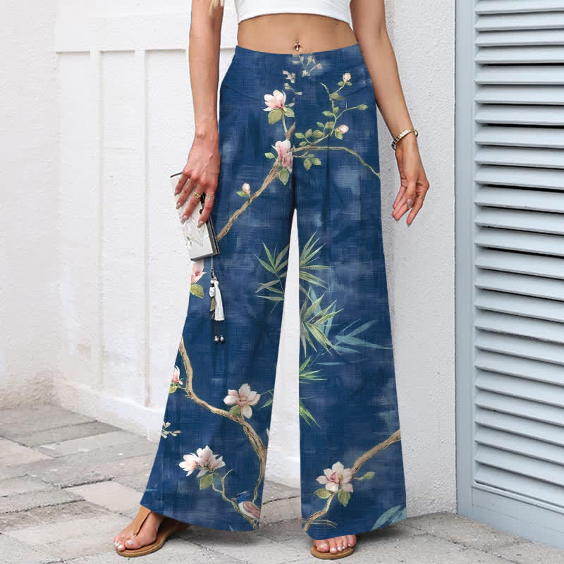 Nimara Ritual Cotton Linen Oriental Light Pink Floral Pattern Women's Elastic Waist Wide Leg Pants With Pockets